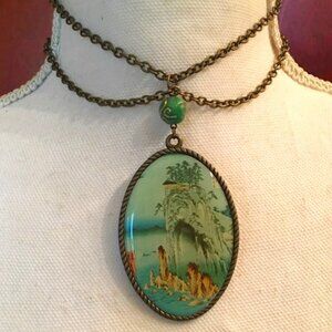 Vintage Pendant Necklace w/ Hand-Painted Scene by Artist Utagawa Hiroshige